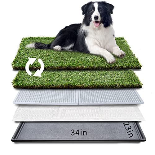 HQ4us Dog Grass pad with Tray Large Dog Litter Box Toilet 34”×23”, 2×Artificial Grass for Dogs,Pee pad, Realistic, Bite Resistance Turf, Less Stink, Potty for Balcony,