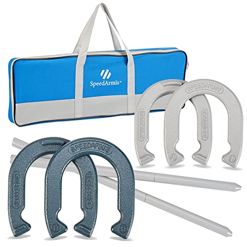 SpeedArmis Horseshoes Outside Game Set - Universal Size Lawn Horseshoes Outdoor Games for Parties Beach Backyard, Includes 4 Horseshoes, 2 Steel Stakes and Durable Carrying Bag