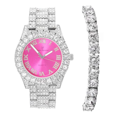 Charles Raymond Women's Big Rocks Bezel Colored Dial with Roman Numerals Fully Iced Out Watch w/Matching Bling'ed Out Tennis Bracelet - ST10327LA (ST10327TLA Silver-Hot Pink)