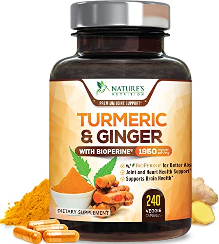 Turmeric Curcumin with BioPerine & Ginger 95% Curcuminoids 1950mg - Black Pepper Extract for Max Absorption, Nature's Joint Support Supplement, Herbal Turmeric Pills, Vegan Non-GMO - 240 Capsules