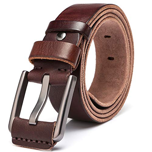 KEECOW Men's 100% Italian Cow Leather Belt Men With Anti-Scratch Buckle,Packed in a Box (Brown-1002, 125cm (Pant Size:38-42))