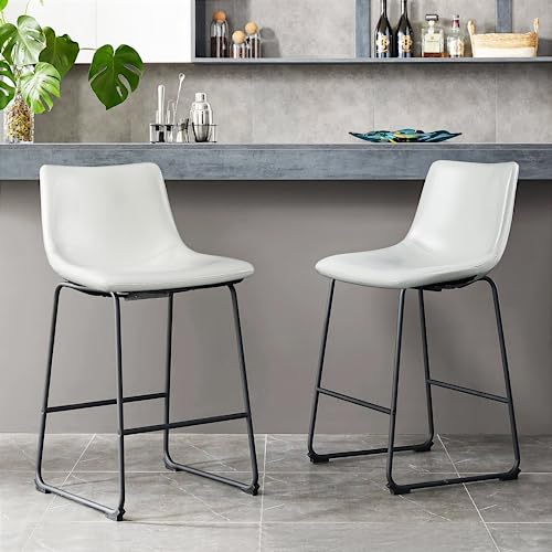 PUKAMI Counter Height Bar Stools Set of 2,26 inch Barstools with Back,Faux Leather Counter Stools for Kitchen Island,Modern Bar Chairs with Metal Legs (White, 26inch)