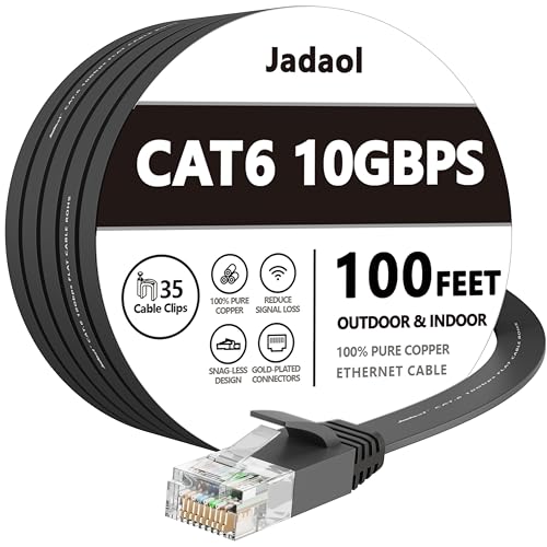 Cat 6 Ethernet Cable 100 ft, Outdoor&Indoor, 10Gbps Support Cat8 Cat7 Network, long Flat Internet LAN Patch Cord, Cat6 Solid High Speed weatherproof Cable for Router, Modem, PS4/5, Xbox, Gaming, Black