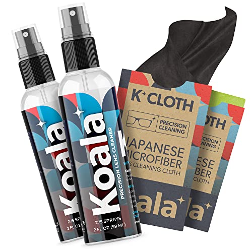 Koala Eyeglass Lens Cleaner Spray Kit | (2x) Glasses Cleaner Bottle + (2x) Microfiber Cloth | Alcohol Free Eyeglasses, Screen, and Camera Cleaning Kit | Made in USA (4 Piece Set)