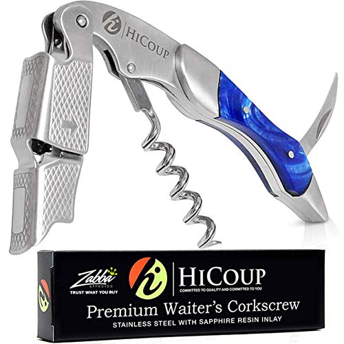 Hicoup Wine Opener - Professional Corkscrews for Wine Bottles w/Foil Cutter and Cap Remover - Manual Wine Key for Servers, Waiters, Bartenders and Home Use - Stainless Steel w/Sapphire Resin Inlay
