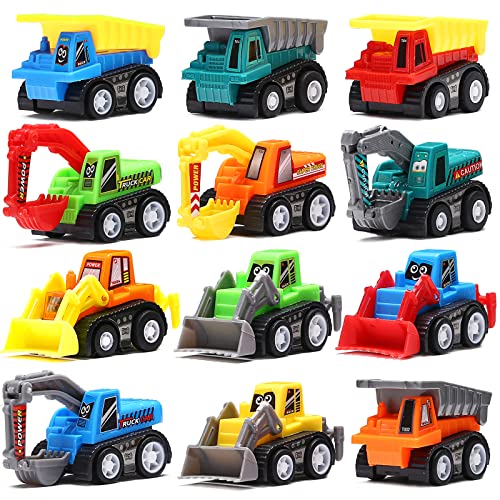 12-Piece Mini Truck Toy Kit - Pull Back Construction Vehicles for Kids, Great Party Favors, Birthday Gifts, Classroom Rewards, and Stocking Stuffers