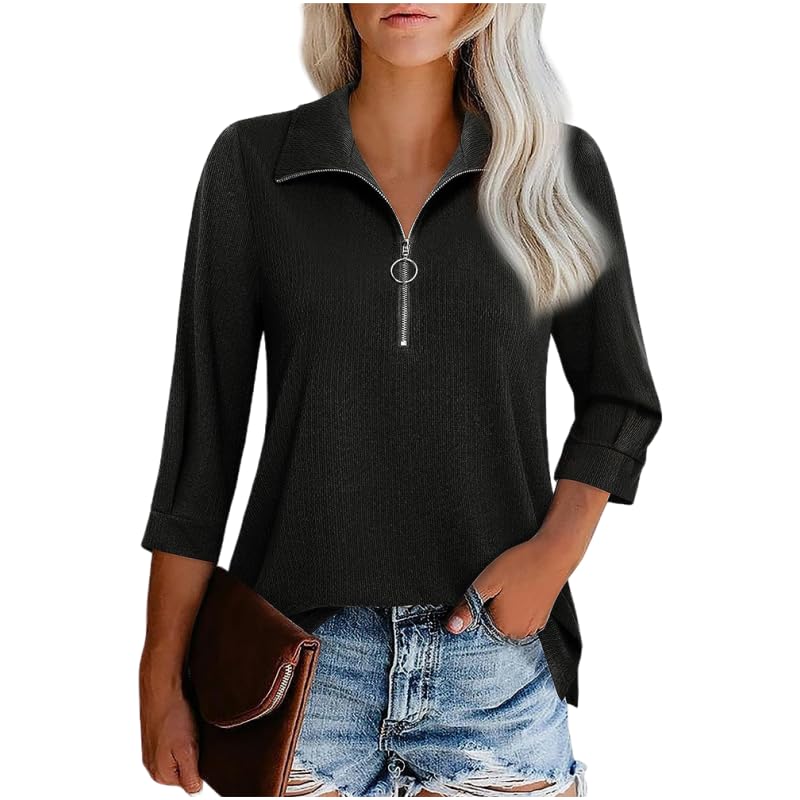 Womens Tops Dressy Casual 3/4 Length Sleeve V Neck Shirts and Blouses Zipper Collar Women Polo Shirts Black