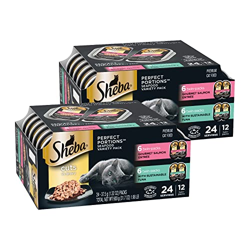 SHEBA Perfect Portions Cuts in Gravy Wet Cat Food Trays (24 Count, 48 Servings), Gourmet Salmon & Sustainable Tuna Entrée, Easy Peel Twin-Pack Trays