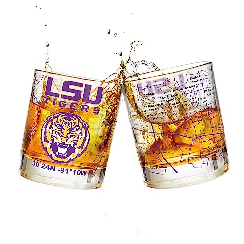 Greenline Goods - Louisiana State University Whiskey Glass Set (2 Low Ball Glasses) - Full Color LSU Logo & Campus Map - LSU Tiger Gift for College Grads & Alumni - College Cocktail Glassware