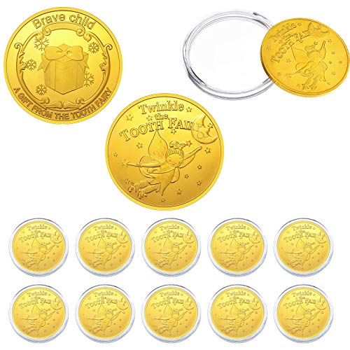 Tooth Fairy Gold Coins for Kids Boys Girls Lost Teeth Reward Commemorative Coin Tooth Fairy Golden Coin with Plastic Case No Fading Tooth Fairy Commemorative Coin for Lost Tooth Kids (10 Pieces)