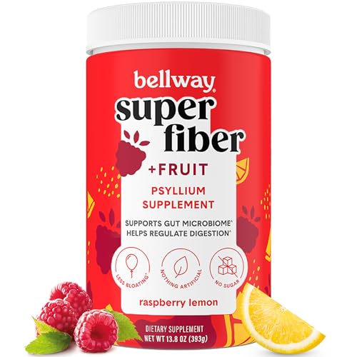 Bellway Super Fiber Powder + Fruit, Sugar Free Organic Psyllium Husk Powder Fiber Supplement for Regularity, Bloating Relief & Gut Health, Non-GMO, Plant-Based, Raspberry Lemon (13.8 oz)