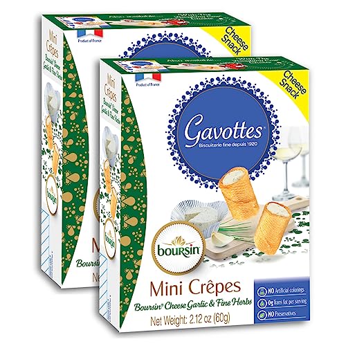 Gavottes French Boursin Cheese Filled Mini Crispy Crepes 2 Pack | Crepe Crackers with Boursin Garlic & Herb Cheese Filling | Ready to Eat Crispy Crepes Snack From France(2 Packs of 2.12oz/60g)