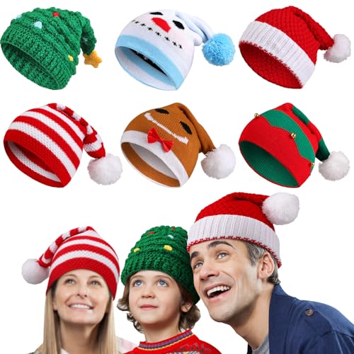 Suhine 6 Pcs Christmas Knitted Hat Christmas Elf Cap Santa Hand Woven Beanie Christmas Gingerbread Snowman Hat for Adult Teens