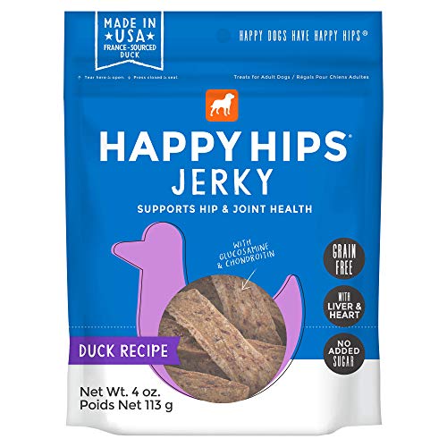 Happy Hips Duck Jerky, Grain Free Dog Treats with Glucosamine & Chondroitin, Made in USA, 4 oz