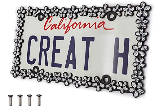 Creathome 3D Shining Daisy Wrenth License Plate Frame from Pure Zinc Alloy Metal Perfect Plate Holder,Matt Black with Silver Glitter