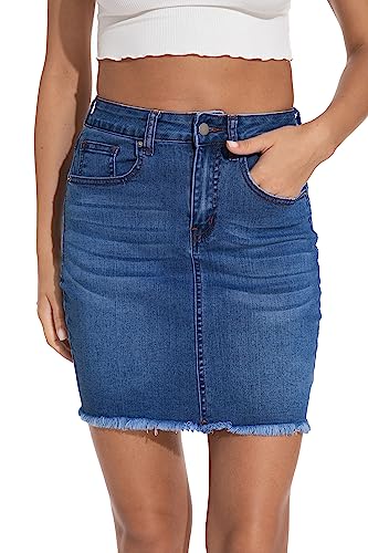 GUANYY Women's Raw Hem Bodycon Stretch Denim Mini Skirt - Slim Fit & Stylish (Blue, Medium)
