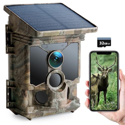 Solar Trail Camera 4K 30fps, CEYOMUR WiFi Bluetooth 40MP Game Camera, 120° Detection Angle Night Vision Motion Activated IP66 Waterproof for Wildlife Monitoring with U3 32GB Micro SD Card