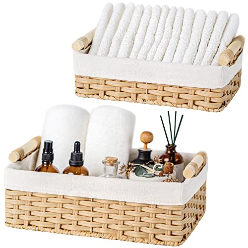 GRANNY SAYS Wicker Baskets with Liner, Rattan Baskets Organizer for Shelves, Small Decorative Wicker Baskets for Home Decor, Back of Toilet Storage Basket for Organizing, Set of 2