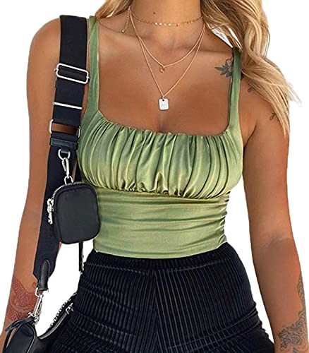 BEJONS Women Y2k Green Corset Like Going Out Ruched Crop Tank Top Cute Square Neck Double Lined Ruffle Brami Camisole Teen Clothes Dressy Summer Basic Dance Concert Outfit Army Green M