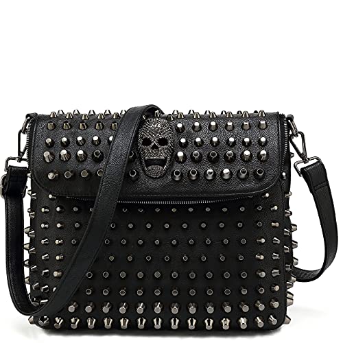 Scarleton Studded Skull Bag for Women, Vegan Leather Gothic Punk Rock Rivet Shoulder Bag, Classic Black Crossbody Handbag - Adjustable Strap Sling H141701