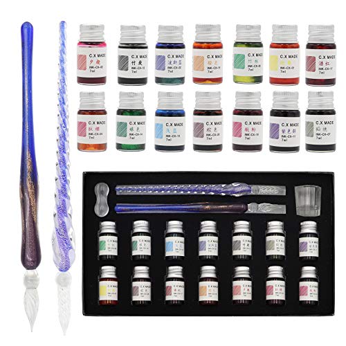 AXEARTE Glass Dip Calligraphy Pen Set, 18-Pieces 14 Color Inks, Pen Holder, Cleaning Cup, 2 Crystal Glass Pens for Art, Writing, Drawing, Signatures, Gift for Kids and Artist