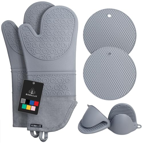 Rorecay Extra Long Oven Mitts and Pot Holders Sets: Heat Resistant Silicone Oven Mittens with Mini Oven Gloves and Hot Pads Potholders for Kitchen Baking Cooking, Quilted Liner, Gray, Pack of 6