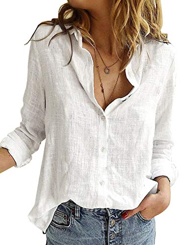 Astylish Women V Neck Solid Roll Up Sleeve Collared Shirts Blouses Summer Linen Tops for Teen Girls White Large