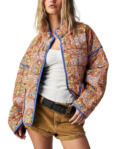 Yimoon Women's Cropped Puffer Quilted Jacket Vintage Floral Print Open Front Lightweight Short Jacket Outwear