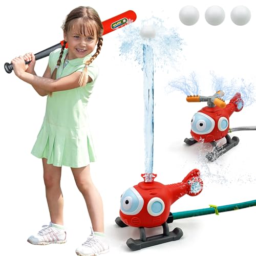 2 in 1 Outdoor Water Spray Sprinklers T Ball Set for Kids and Toddlers, Backyard Spinning Airplane Sprinkler Toy Tee Ball Game, Sprays Up to 8ft High Attaches to Garden Hose