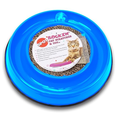 SPOT Rockin' Scratcher Cat Toy | Interactive Cat Toy Features LED Light Up Ball and Wobble Action | Corrugated Scratching Pad to Groom Claws | Includes Catnip | 10'