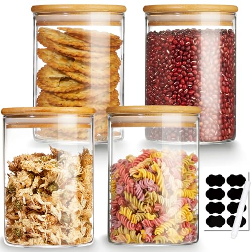 Mfacoy 4 Pack Glass Storage Jars with Airtight Bamboo Lid, 27 OZ Glass Canisters Set with Labels, Glass Food Storage Jar for Kitchen, Clear Container for Candy, Cookie, Coffee Beans, Snacks, Spices