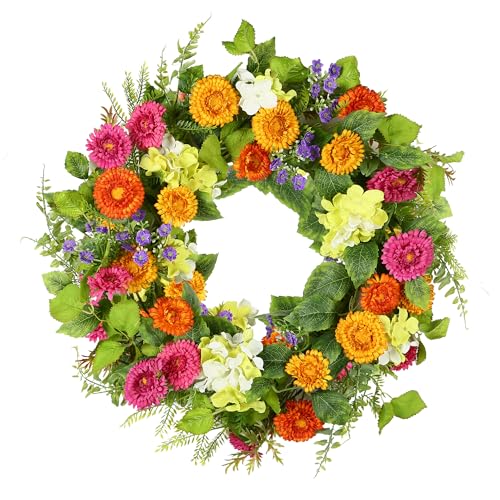 YNYLCHMX 18' Spring Wreaths for Front Door Summer Wreath with Daisy Flowers Green Tea Leaves, Artificial Floral Wreath Green Foliage Wreath for Wall Window Farmhouse Party Holiday Home Decor