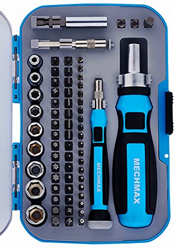 MECHMAX Ratcheting Screwdriver Bits & Socket Set 68 Piece, Magnetic Bits with Storage Case for Home, Office, Apartment, Car, Dorm, Back to School, Bike, Electronics Projects, and as A Gift