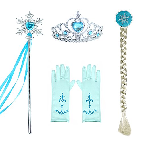 Princess Dress Up Party Accessories Set with Gloves,Crown,Snow Wand and Wigs for Women Blue (4pcs)