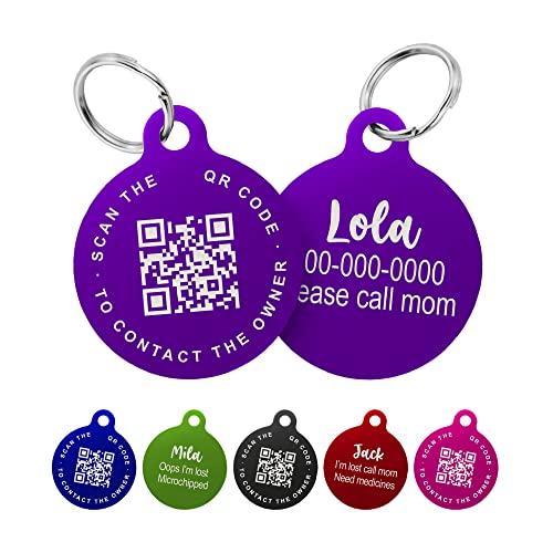 Custom QR Code Smart Pet Tag ID, Round Aluminum Lightweight Engraved and Scannable Lost and Found ID Tag for Collars and Harnesses for Puppies and Cats