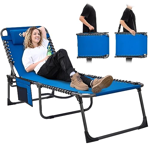 KingCamp Patio Chaise Lounge Chairs Reclining Folding Adjustable Outside with Pillow Lawn Pool Beach Sunbathing Camping Cot Outdoor, 74.8''x23.2''x14.5'', Cobalt Blue