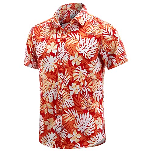 EUOW Men's Hawaiian Shirt Short Sleeves Printed Button Down Summer Beach Dress Shirts(Hawaiian-Red,L)