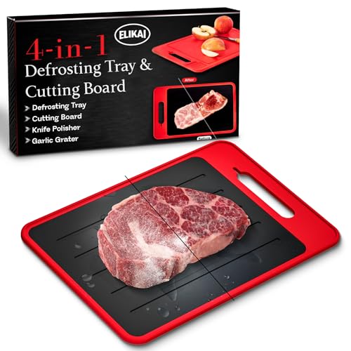 4 in 1 Defrosting Tray for Frozen Meat with Cutting Board, Ceramic Knife Sharpening Rod & Garlic Grater - Rapid Dethawing Defroster & Non-Slip Red Chopping Boards to De Thaw by EliKai