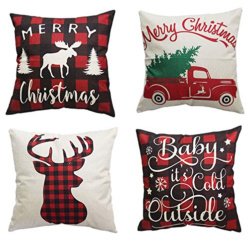 PSDWETS Christmas Pillow Covers Set of 4 Christmas Decorations Cotton Linen Winter Deer Christmas Decor Throw Cushion Cover 18 X 18