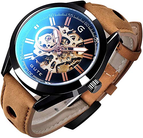 Gute Mens Watches, Mechanical Skeleton Automatic Self-Winding Steampunk Watch for Men, Casual Clock Brown Leather Wrist Watch