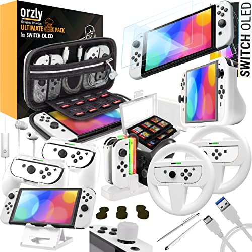 Orzly Accessories Kit Bundle Compatible with Nintendo Switch OLED Console (NOT 2017 Edition Compatible) Ultimate Geek Pack with Case and Screen Protector and Much More - Ice White Gift Boxed