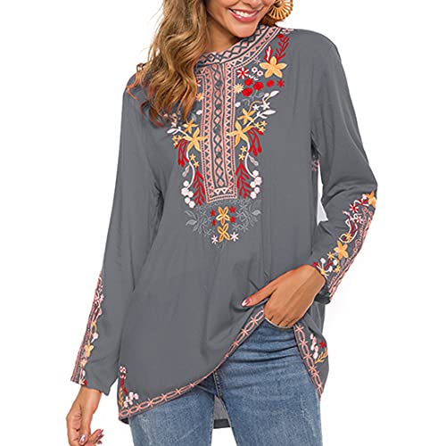 AK Women's Mexican Boho Embroidered Tops Long Sleeve Peasant Casual Loose Tunics Fall Blouse Shirts for Women (Gray)