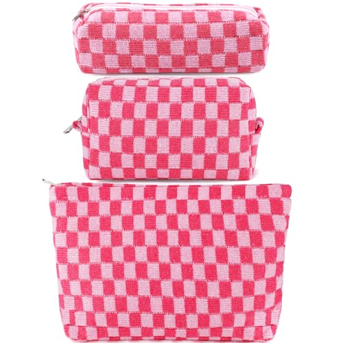 ZLFSRQ 3Pcs Checkered Makeup Bag for Women Large Cosmetic Bag Set Travel Toiletry Bag Makeup Pouch Bag for Purse Pink Zipper Storage Bag Organizer Cute Small Aesthetic Girls Car Essentials Bag