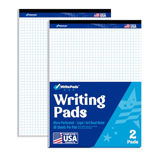 WritePads Graph Paper Note Pads, Quad Ruled (4x4) Paper pad, 8.5x11 inch Grid Notebook Paper Pad, White Paper Graph Legal Pads, 2 Pads of 50 Sheets, Micro perforated Engineering Paper Notebook, Made