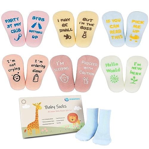 snawowo Funny Newborn Baby Socks with Grip, Cute Gender Neutral Gift for Baby Shower & Baby Registry Search, Non Slip Infant Socks for Girl Boy (6 Pairs-Girl)