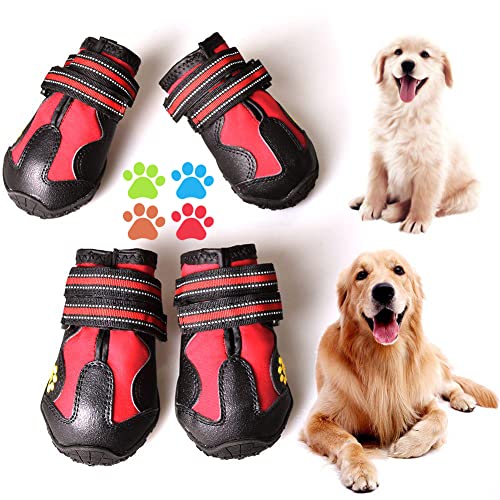 CovertSafe& Dog Boots for Dogs Non-Slip, Waterproof Dog Booties for Outdoor, Dog Shoes for Medium to Large Dogs 4Pcs with Rugged Sole Black-Red