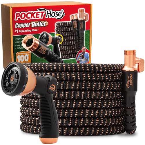 Pocket Hose Copper Bullet Expandable Garden Hose w/10 Pattern Thumb Spray Nozzle AS-SEEN-ON-TV 100 FT 650psi 3/4 in Patented Lead-Free Ultra-Lightweight Solid Copper Anodized Aluminum Fittings No-Kink