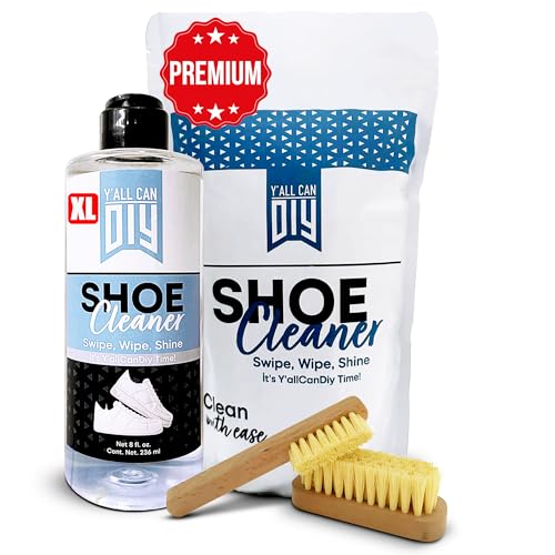 Y'allCanDiy Premium Shoe Cleaner Kit (8 fl. oz. + 2 Shoe Brushes), Sneaker Cleaning Kit, Ultimate Miracle Shoe Care for 150+ Shoes with Tennis, Golf, White, Pink, Refresh Soles