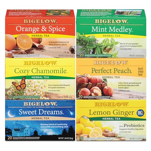 Bigelow Tea Caffeine Free 6 Flavor Herbal Tea Variety Pack, Decaf Tea with Mint Medley, Cozy Chamomile, Orange and Spice, Sweet Dreams, Perfect Peach, and Lemon Ginger, (Pack of 6), 118 Total Tea Bags