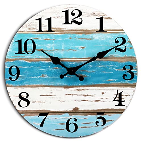 Beach Themed Blue Wall Clocks Battery Operated Silent Non-Ticking, Vintage Round Rustic Coastal Nautical Clock Decorative for Home Kitchen Living Room Office Bathroom Bedroom(10 Inch)